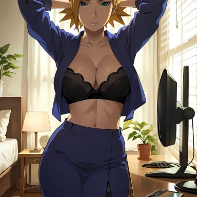 boruto: naruto next generations, naruto, naruto (series), temari, temptart, 1girls, arms behind back, arms up, big breasts, bra, breasts, breasts out, clothing, female, female only