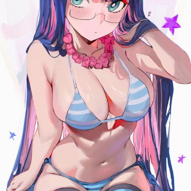 stocking anarchy, odyssey 21, 1girls, big breasts, bikini, blue thighhighs, breasts, cleavage, closed mouth, female, glasses, hand in own hair, large breasts, looking at viewer, multicolored hair