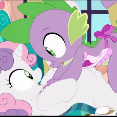 mlp, my little pony, character request, spike (mlp), sweetie belle, sfan, tricksta, 1boy, 1girls, apron, arms up, blush, blushing, clitoris, closed eyes