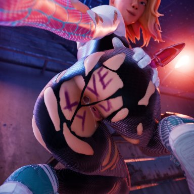 marvel, sony interactive entertainment, spider-man (series), valentine's day, gwen stacy, spider-gwen, fireboxstudio, 1girls, anus, anus peek, ass, ass focus, blonde hair, blue eyes, bodysuit