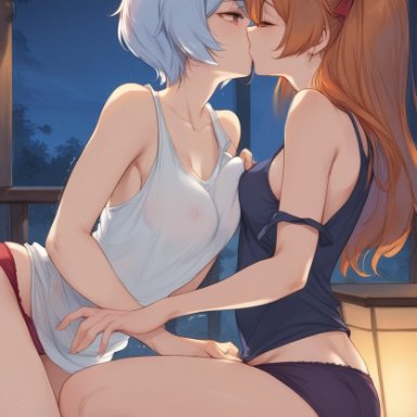 asuka langley sohryu, rei ayanami, a1exwell, 2girls, closed eyes, kissing, lesbian kiss, panties, tank top, yuri, ai generated, stable diffusion