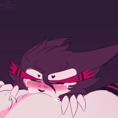 hazbin hotel, angel dust (hazbin hotel), husk (hazbin hotel), mhaelt, 2boys, arachnid, black sclera, blowjob, blush, brown fur, cum, cum in mouth, deepthroat, demon, erection