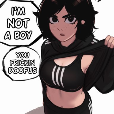 oc, original character, original characters, yuna (veyonis), veyonis, 1girls, black hair, female only, shirt lift, tomboy, color, colored, english text, tagme