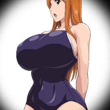 bleach, inoue orihime, iwao178, 1girls, being watched, big breasts, breasts bigger than head, busty, caught, caught in the act, caught peeing, cleavage, competition swimsuit, huge breasts, light skin