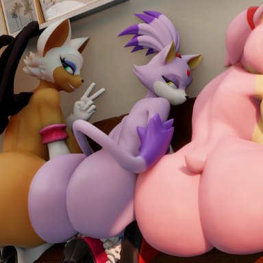 sega, sonic (series), sonic the hedgehog (series), amy rose, amy rose (warfaremchine), blaze the cat, blaze the cat (warfaremchine), rouge the bat, rouge the bat (warfaremchine), geodat, geodat64, 3girls, anthro, ass, ass focus