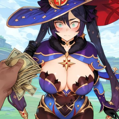 genshin impact, mona (genshin impact), kaikoi, 1boy, 1girls, before sex, big breasts, blue hair, blush, breasts, cleavage, cloak, green eyes, hat, huge breasts