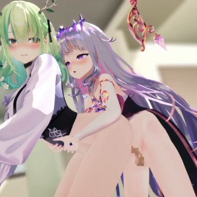 hololive, hololive english, hololive english -council-, ceres fauna, koseki bijou, suzutaro3d, 1futa, 1girls, alternate costume, alternate hairstyle, blush, bottomless, choker, clothing, crown