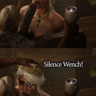 the witcher (series), the witcher 3: wild hunt, ciri, currysfm, angry, blowjob, crown, dark-skinned male, fellatio, green eyes, humiliation, interracial, jewelry, kneeling, large penis
