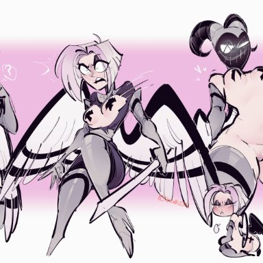 hazbin hotel, vivziepop, lute (hazbin hotel), bileshroom, nsfwshroom, 1female, angel, angel humanoid, blush, blushing profusely, breast tape, breasts, embarassment, embarrassed, grey hair