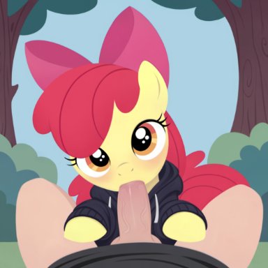 friendship is magic, hasbro, my little pony, apple bloom (mlp), 1boy, 1girls, age difference, blush, clothing, cub, earth pony, equid, equine, fellatio, fellatio from feral