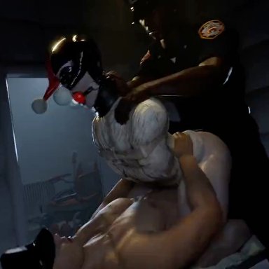 dc comics, harley quinn, serpentorder, 2boys, 2boys1girl, anal, anal insertion, anal penetration, anal sex, ball gag, clothed, clothed male, gag, gagged, multiple boys