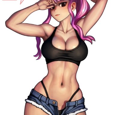 one piece, perona, redteneri, 1girls, belly button, big breasts, black eyes, booty shorts, breasts, busty, cleavage, curvy, female, female only, long hair