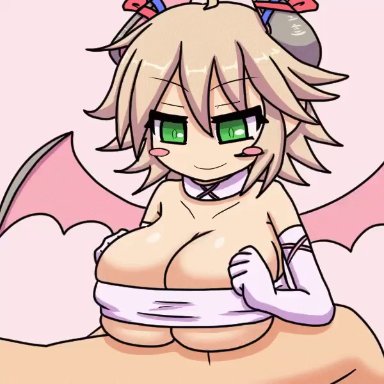 monster girl quest, imp (mon-musu quest!), camp of hunger, :d, 1boy, blush, cum, cum between breasts, cum in cleavage, cumming between breasts, cumming from paizuri, cumming in cleavage, cumshot, cumshot in chest, ejaculation