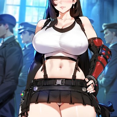 final fantasy, final fantasy vii, square enix, tifa lockhart, floox, 1girls, bare shoulders, bare thighs, big breasts, black hair, blush, clothed, clothing, female, female focus