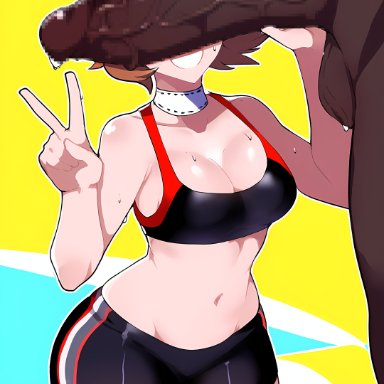 persona, persona 3, yukari takeba, 1boy, 1girls, big breasts, big penis, booty shorts, breasts, brown hair, dark skin, dark-skinned male, gym uniform, large penis, light skin