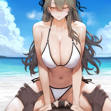 girls' frontline, ump40 (girls frontline), kaikoi, 1boy, 1girls, beach, big breasts, bikini, breasts, cleavage, closed eyes, clothed, clothed sex, cowgirl position, dark skin