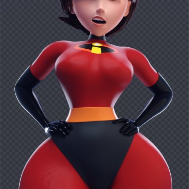 disney, pixar, the incredibles, the incredibles 2, elastigirl, helen parr, smitty34, 1girls, angry face, big thighs, bottom heavy, brown hair, checkered background, hands on hips, hourglass figure