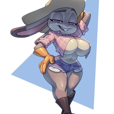 disney, zootopia, judy hopps, bigdad, 1girls, animal ears, anthro, big ass, big breasts, booty shorts, breasts, bunny girl, clothed, crop top, curvaceous