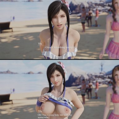 final fantasy, final fantasy vii, aerith gainsborough, cloud strife, tifa lockhart, quick e, areolae, beach, big breasts, bikini, black hair, breasts, breasts out, busty, female