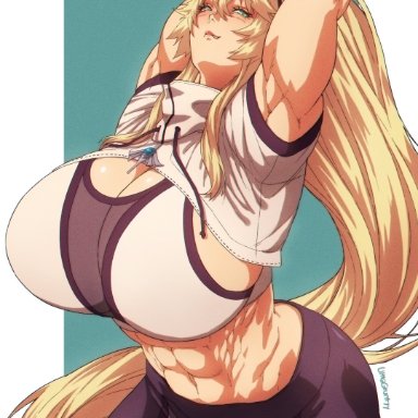 fate (series), fate/grand order, barghest (gawain) (fate), ultragruntyy, abs, armpits, arms up, black pants, blonde hair, breasts, cowboy shot, eyewear on head, female, huge breasts, long hair