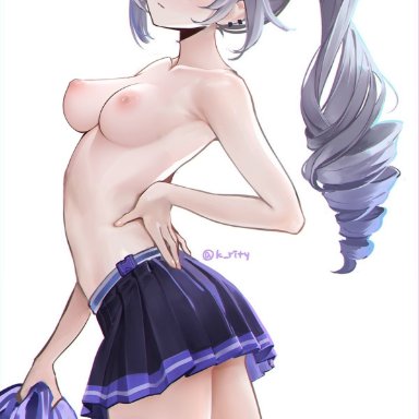 honkai: star rail, silver wolf (honkai: star rail), rity, 1girls, armpits, ass, breasts, cheerleader, exposed breasts, fishnets, hair, hair ribbon, long hair, nipples, pom poms