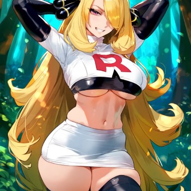 game freak, nintendo, pokemon, pokemon dppt, cynthia (pokemon), pokemon champion, pokemon trainer, team rocket, truck kun, 1girls, big breasts, blonde hair, clothed, clothing, female