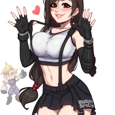 final fantasy, final fantasy vii, square enix, cloud strife, tifa lockhart, blushypixy, blushyspicy, fully clothed, human, legwear, looking at viewer, skirt, smiling, smiling at viewer, artist logo