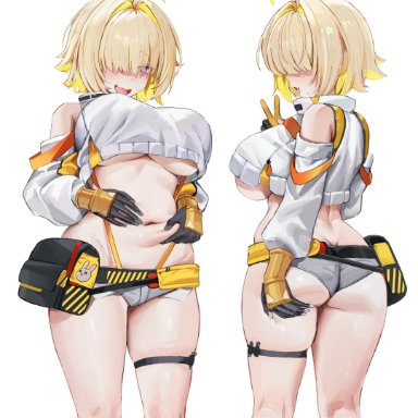 goddess of victory: nikke, elegg (nikke), 1girls, ahoge, ass, bare shoulders, belly, belly button, blonde hair, blush, booty shorts, cute fang, female, fully clothed, gloves