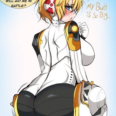 atlus, persona, persona 3, persona 3 reload, aegis (persona), aigis (persona), hyperrxgue, 1girls, ass, ass focus, ass shot, big ass, blonde hair, blue background, blue eyes