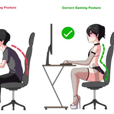 gelatomusume, 1boy, 1girls, breasts, chair, computer, computer keyboard, computer monitor, dildo, dildo in ass, dildo sitting, female, femboy, feminization, gaming chair