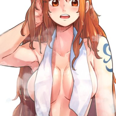 one piece, shounen jump, nami, aosora5088, 1girls, arm up, armpits, big breasts, blush, clavicle, cleavage, female, female focus, female only, functionally nude female