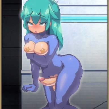 dieselmine, l buffer, 1futa, ahe gao, balls, bangs, blue eyes, blue hair, breasts, clothed, clothing, cum, cum drip, erection, full body