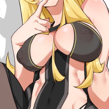 game freak, nintendo, pokemon, pokemon dppt, cynthia (pokemon), pokemon champion, pokemon trainer, bayeuxman, 1girls, bare arms, bare shoulders, big breasts, blonde hair, blue eyes, clothed