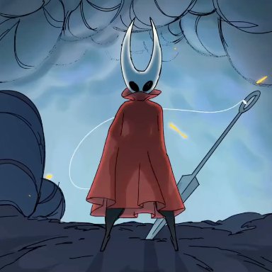 hollow knight, hornet (hollow knight), tabuley, breasts, featureless crotch, physics, standing, wind, animated, tagme, video