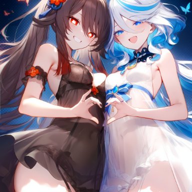 genshin impact, furina (genshin impact), hu tao (genshin impact), 2girls, babydoll, breasts, dress, female, female only, garter straps, heart, heart hands, looking at viewer, nightgown, small breasts