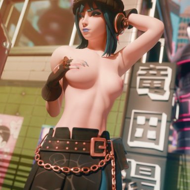 epic games, fortnite, fortnite: battle royale, hope (fortnite), wicc26, 1girls, areolae, beanie, beanie hat, blue hair, bottomwear, breasts, female, female focus, female only