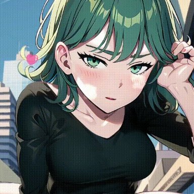 one-punch man, tatsumaki, ohmywaifu, climax, cowgirl position, cum, cum in pussy, cum inside, cumming together, cumming while penetrated, cumming while penetrating, green eyes, green hair, penis, penis in pussy