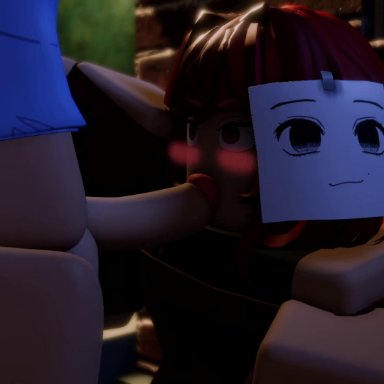 roblox, jesse (pptakkun), robloxian, pptakkun, 2boys, blowjob, blush, fellatio, femboy, gay, gay blowjob, male only, male/male, paper on head, red hair