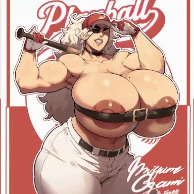 original, miffu, original character, donaught, 1girls, baseball bat, baseball cap, baseball uniform, blonde hair, breasts, breasts out, eyepatch, female, huge breasts, light skin