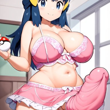 pokemon, pokemon dppt, dawn (pokemon), 1futa, 1futanari, balls, ballsack, big breasts, big cock, big penis, blue eyes, blue hair, breasts, cock, dickgirl