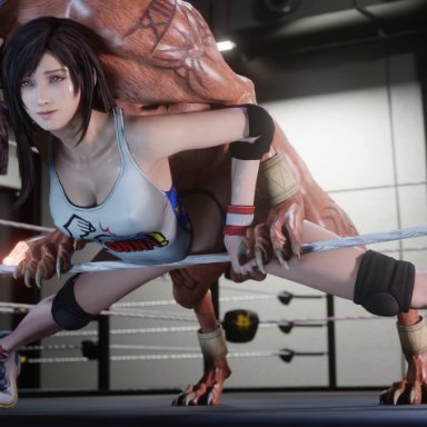 final fantasy, final fantasy vii, final fantasy vii remake, red xiii, tifa lockhart, blueberg, 1girls, bestiality, black hair, doggy style, feral on female, long hair, red eyes, ring, sportswear