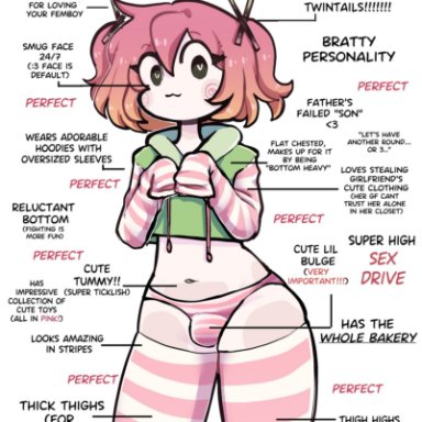 yanderocky, :3, bulge, femboy, femboy only, green hoodie, long sleeves, pink hair, striped thighhighs, swirl pattern, thick thighs, thighhighs, twintails, text background