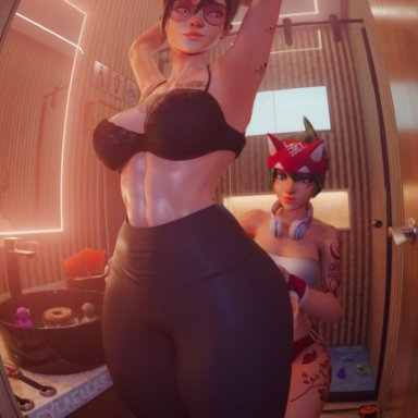 overwatch, overwatch 2, kiriko (overwatch), tracer, sylaellas, 2girls, armpits, arms behind head, arms up, leather legwear, leggings, light-skinned female, queen of hearts, tattoo, tattoos