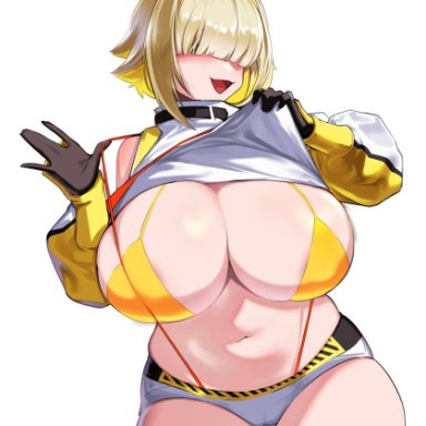 goddess of victory: nikke, elegg (nikke), :3, 1girls, ahoge, belly, belly button, bikini, bikini top, blonde hair, blunt bangs, blush, booty shorts, cameltoe, chubby