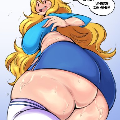 adventure time, fionna the human girl, saltyxodium, 1girls, ass, ass focus, back, back view, big ass, big breasts, big butt, blonde hair, blush, clothed, clothing