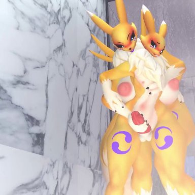 digimon, renamon, jellyfishjubilee, roroboros, tradelt, 1boy1girl, against glass, big ass, big breasts, big penis, bigger female, brother, brother and sister, brother and sister (lore), cum