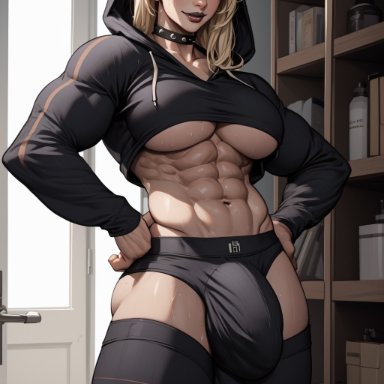 shennru, black lipstick, blonde hair, blue eyes, cropped hoodie, futanari, muscular, muscular futanari, panty bulge, spiked collar, thighhighs, ai generated