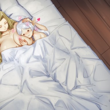 sousou no frieren, fern (sousou no frieren), frieren, qingmingtongzi, :3, 3girls, bed, breast pillow, breasts, brown hair, caught, caught in the act, cuckquean, cuddling, elf