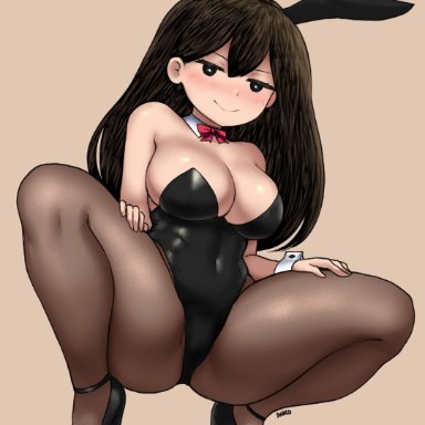 omori, mari (omori), dakosito, 1girls, ass, black hair, blush, breasts, bunny ears, bunnysuit, female, high heels, smug, solo, squatting