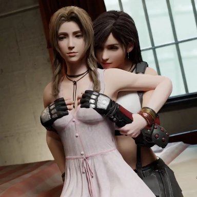 final fantasy vii, aerith gainsborough, tifa lockhart, clubzenny, aroused, big breasts, breast expansion, breast grab, breasts, breasts out, brown hair, clothing damage, exposed breasts, pink dress, pulling clothing